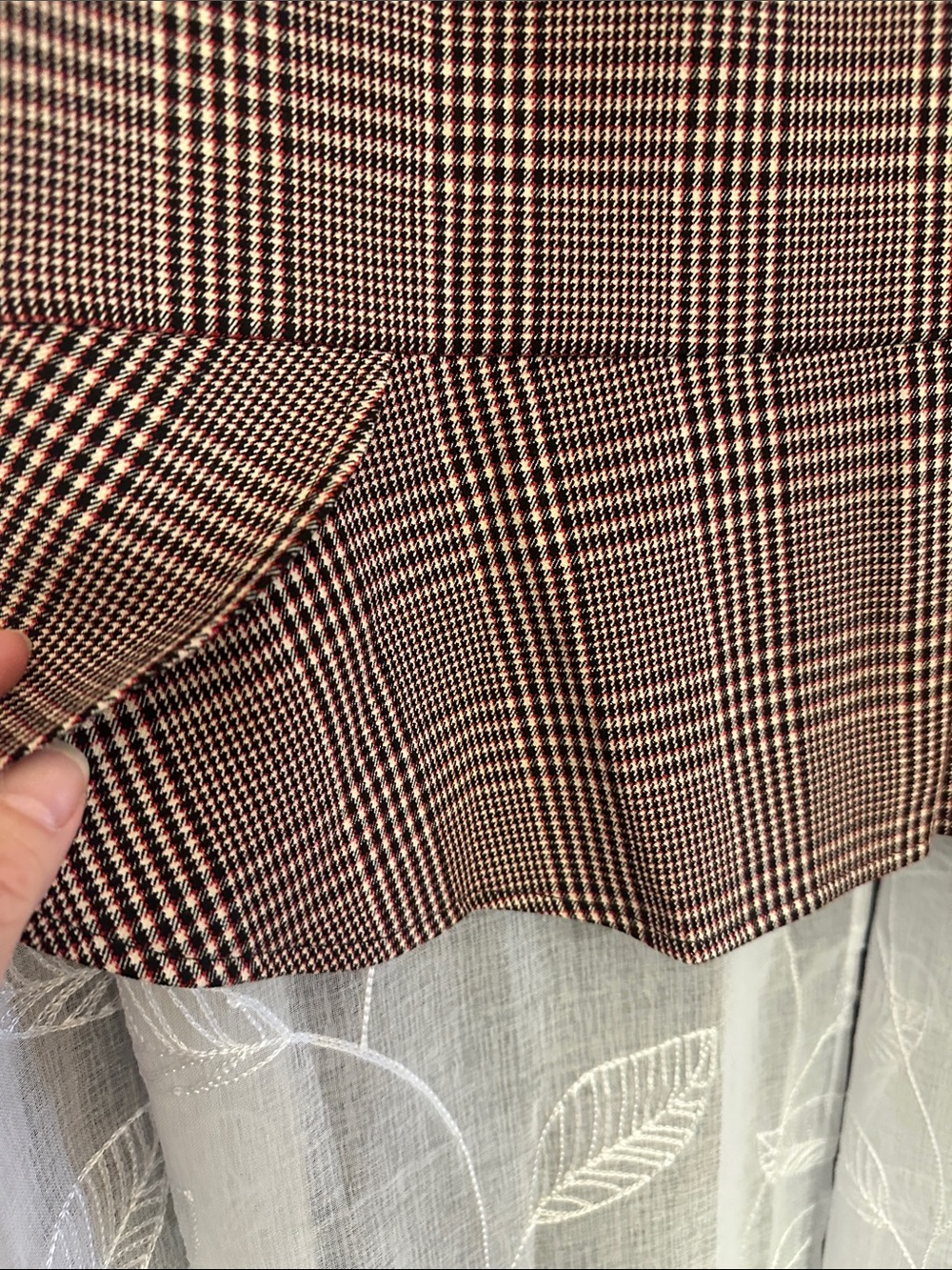 White House Black Market Burgundy and Black Plaid Mini Skirt with Ruffle Hem - Picture 4 of 7